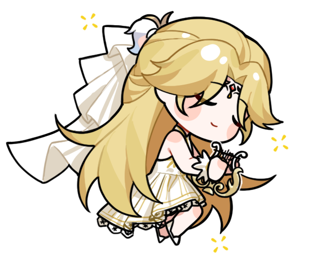 1girl, artist_request, asymmetrical_dress, bare_legs, bare_shoulders, blonde_hair, blush_stickers, chibi, circlet, closed_eyes, closed_mouth, collared_dress, dress, eyes_visible_through_hair, feather_hair_ornament, feathers, golden_buds_(infinity_nikki), hair_ornament, happy, harp, holding, holding_instrument, infinity_nikki, instrument, lace-trimmed_dress, lace_trim, long_dress, long_hair, lying, music, nikki_(series), official_art, on_side, parted_bangs, playing_instrument, shoes, sleeveless, sleeveless_dress, smile, solo, squeans, striped_clothes, striped_dress, transparent_background, veil, vertical-striped_clothes, vertical-striped_dress, very_long_hair, white_dress, white_shoes, white_veil, white_wrist_cuffs, wrist_cuffs