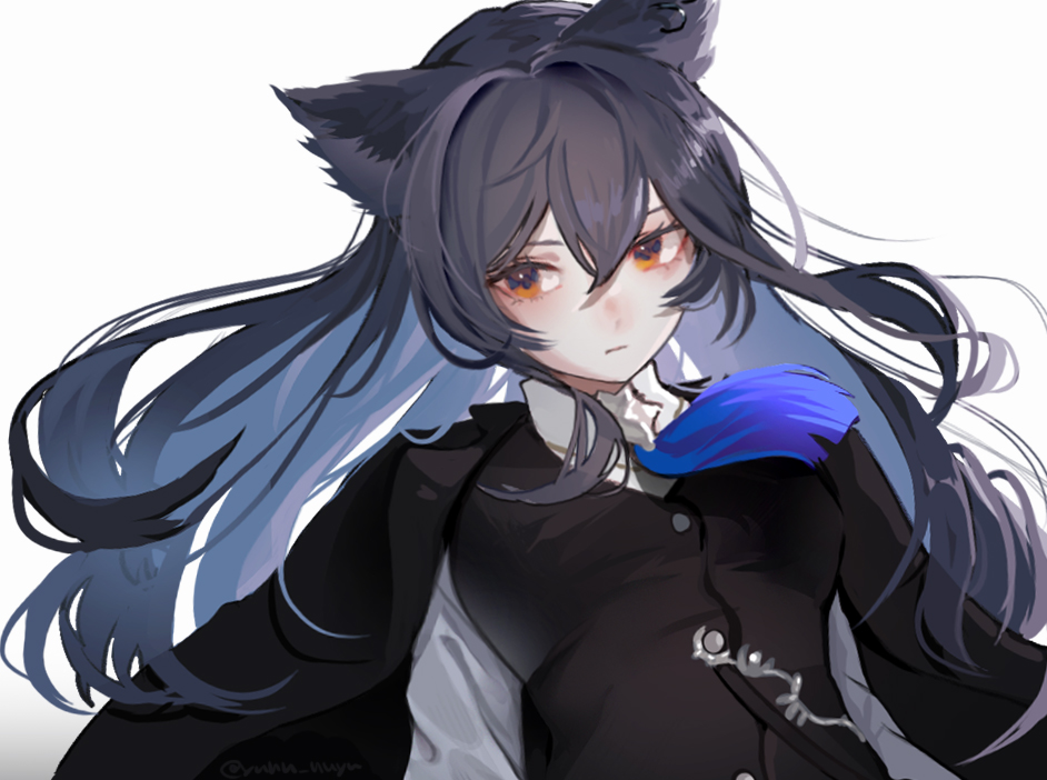 1girl, animal_ears, arknights, black_hair, black_jacket, black_vest, closed_mouth, collared_shirt