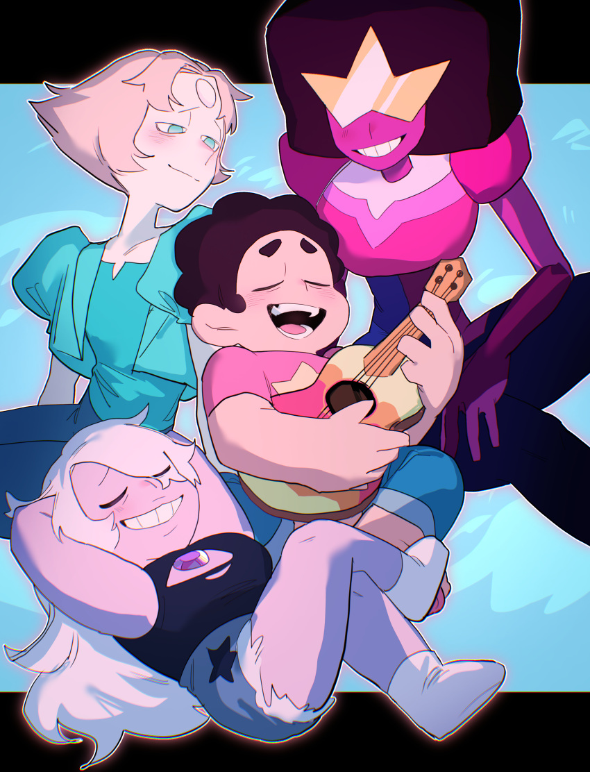 1boy, 3girls, absurdres, afro, amethyst_(steven_universe), black_hair, breasts, child