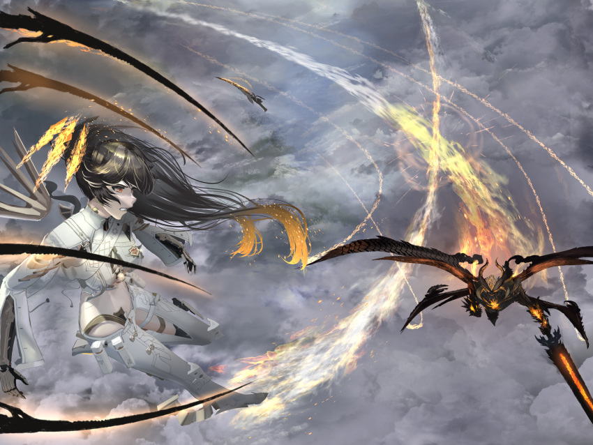1girl, absurdres, black_hair, clouds, cloudy_sky, crossover, dante_(devil_may_cry), demon, demon_horns, demon_wings, devil_may_cry_(series), devil_may_cry_5, devil_sword_dante, fighting, floating, floating_object, floating_sword, floating_weapon, flying, highres, horns, long_hair, lucia:_pyroath_(pgr), lucia_(pgr), mechanical_arms, multicolored_hair, punishing:_gray_raven, saif_artz, sin_devil_trigger, sky, sword, twintails, two-tone_hair, weapon, wings