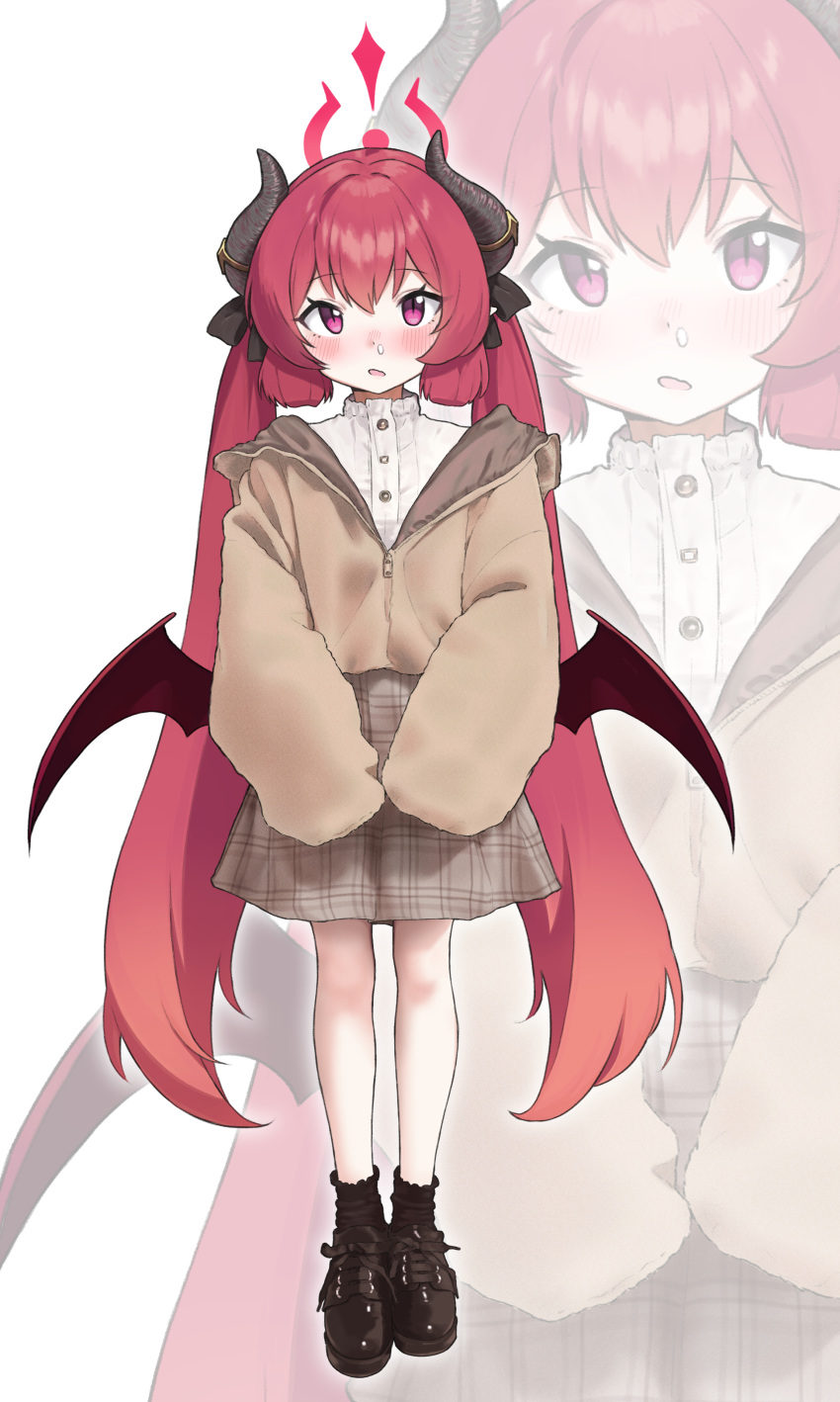 1girl, absurdres, alternate_costume, black_ribbon, black_shoes, black_socks, blue_archive, blunt_tresses, blush, brown_jacket, brown_skirt, demon_girl, demon_horns, demon_wings, full_body, hair_ribbon, halo, highres, horns, inubusa, jacket, junko_(blue_archive), long_hair, long_sleeves, looking_at_viewer, open_mouth, plaid_clothes, plaid_skirt, red_hair, red_halo, ribbon, shirt, shoes, simple_background, skirt, sleeves_past_fingers, sleeves_past_wrists, snot, socks, twintails, very_long_hair, violet_eyes, white_background, white_shirt, wings, zipper, zipper_pull_tab, zoom_layer