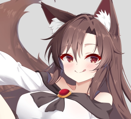 1girl, :q, animal_ear_fluff, animal_ears, asymmetrical_bangs, black_trim, brooch, brown_hair