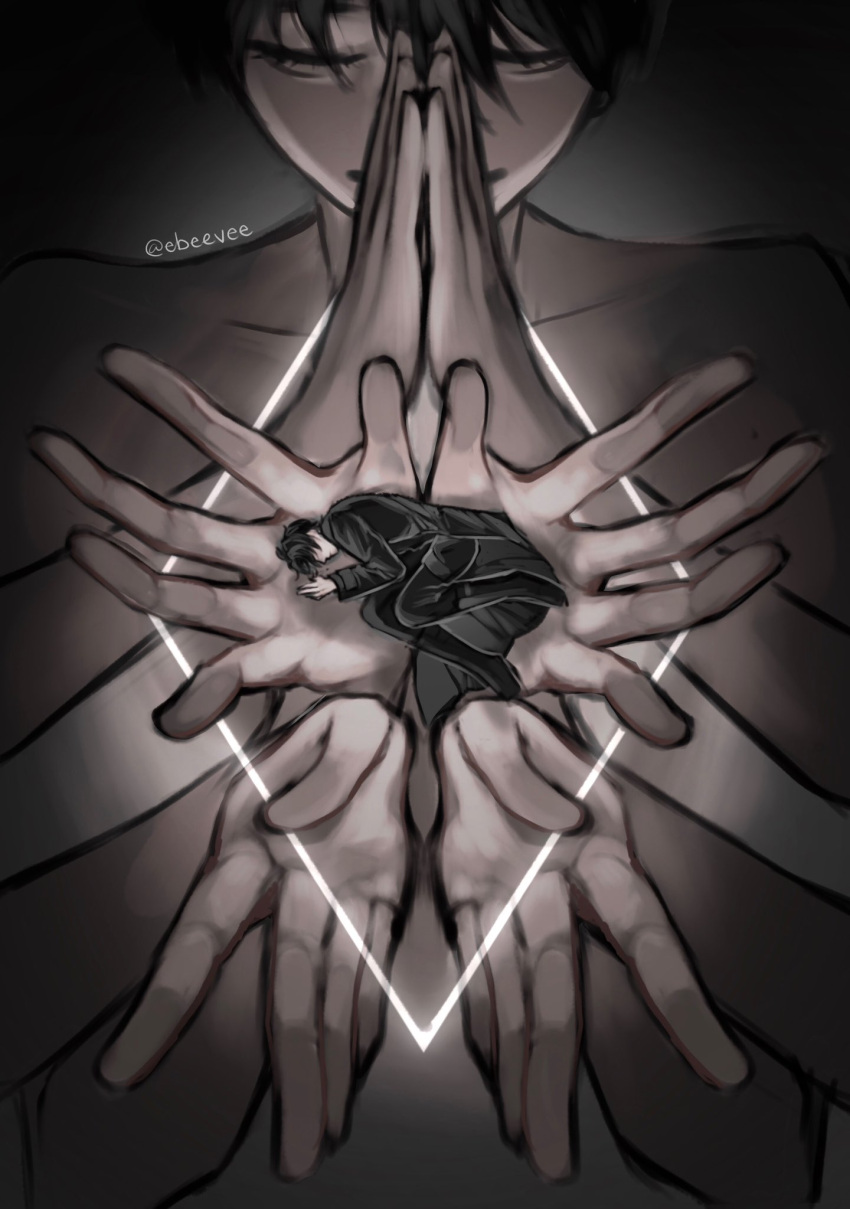 black_coat, black_hair, closed_eyes, coat, curled_up, evie_(baoxiao), gesture_request, highres