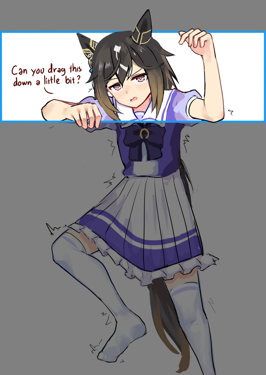 1girl, absurdres, animal_ears, arm_support, arm_up, black_hair, bow, bowtie, bright_pupils, brown_hair, brown_tail, character_request, double-parted_bangs, english_text, fang, foot_out_of_frame, frilled_skirt, frills, gradient_hair, hair_between_eyes, highres, horse_ears, horse_girl, horse_tail, long_hair, looking_at_viewer, medium_skirt, multicolored_hair, no_shoes, open_mouth, over-kneehighs, puffy_short_sleeves, puffy_sleeves, purple_bow, purple_bowtie, purple_skirt, remise, short_sleeves, sidelocks, simple_background, skin_fang, skirt, solo, standing, standing_on_one_leg, stay_gold_(umamusume), tail, thigh-highs, trembling, two-tone_skirt, umamusume, v-shaped_eyebrows, violet_eyes, white_background, white_skirt, white_thighhighs, yellow_pupils, zettai_ryouiki