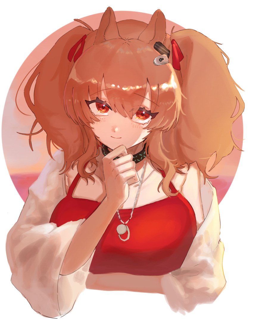 1girl, absurdres, angelina_(arknights), angelina_(summer_flower)_(arknights), animal_ears, arknights, arm_under_breasts, black_collar