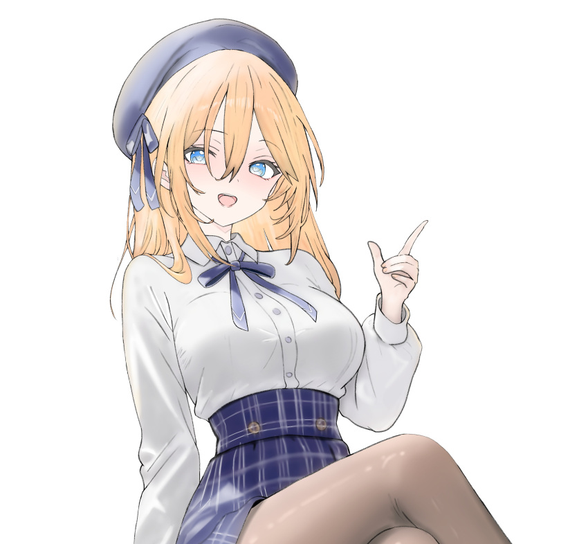 1girl, absurdres, aqua_eyes, beret, blue_eyes, blue_skirt, breasts, hair_between_eyes, hat, highres, long_hair, looking_at_viewer, medium_breasts, neptune_(series), open_mouth, orange_hair, orange_heart_(neptunia), shirt, simple_background, skirt, smile, solo, white_background, white_shirt, yoshi_mcswagger