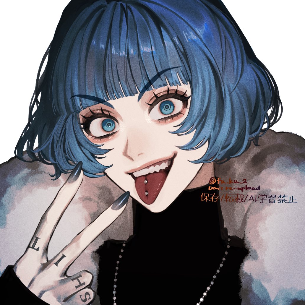 1boy, 5fuktk, aegyo_sal, androgynous, black_shirt, blue_eyes, blue_nails, blunt_bangs