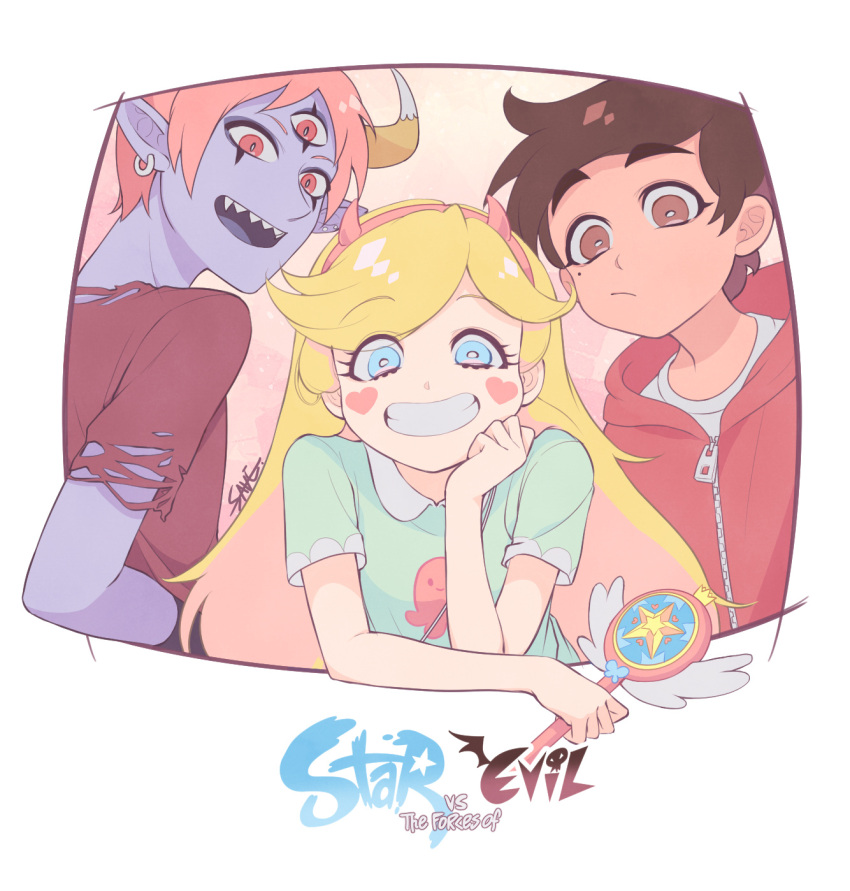 2boys, blonde_hair, blue_eyes, brown_hair, colored_skin, facial_mark, fake_horns, hairband