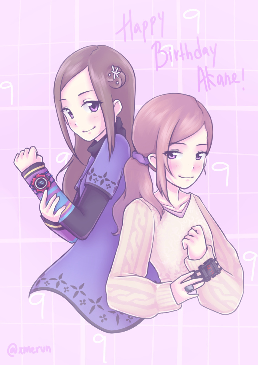 2girls, blush, brown_hair, cable_knit, character_name, closed_mouth, commentary, cropped_torso