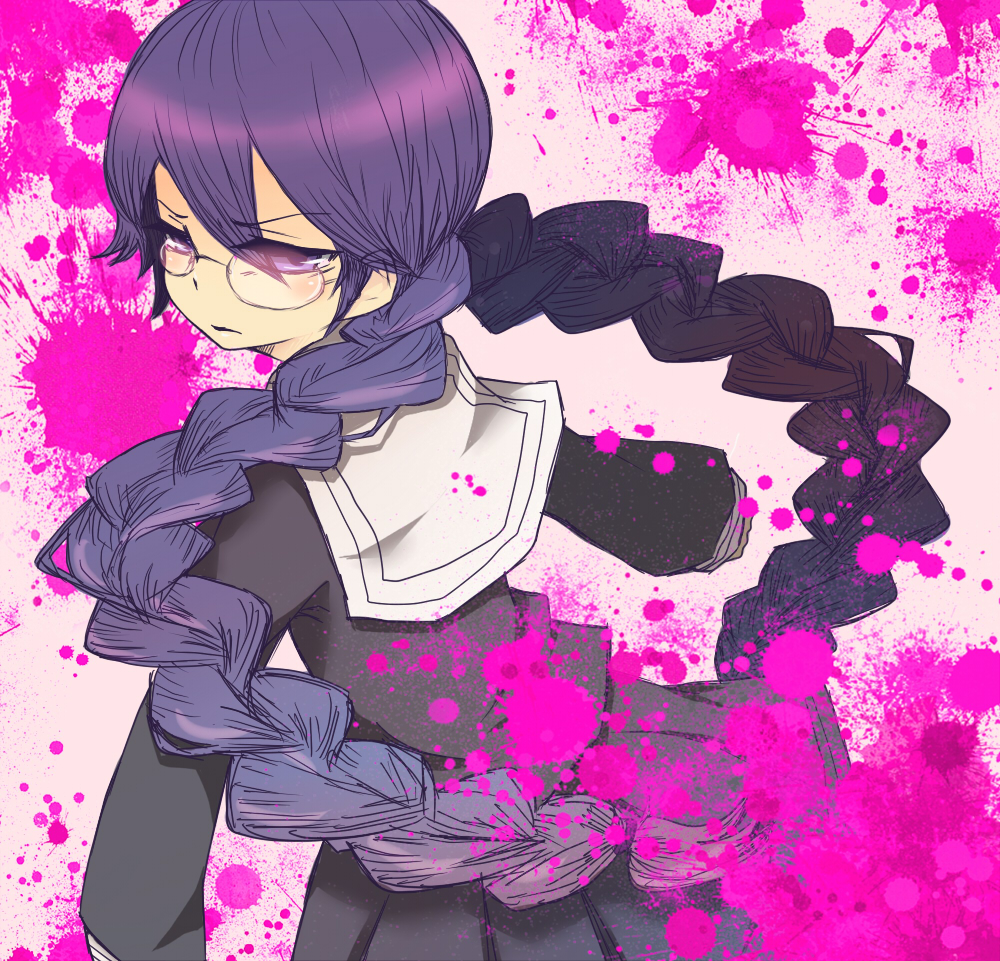 1girl, black_shirt, black_skirt, blood, blood_splatter, braid, commentary_request, danganronpa:_trigger_happy_havoc