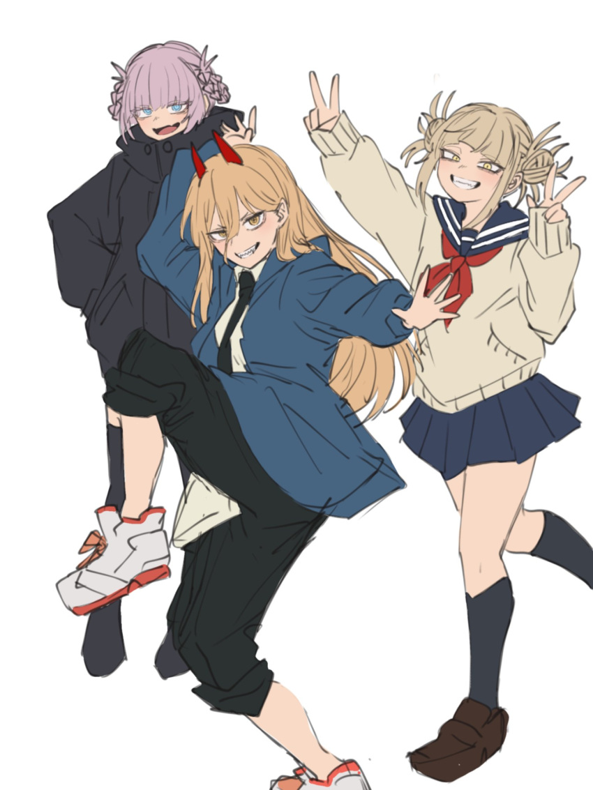 3girls, :d, bags_under_eyes, black_coat, black_necktie, black_pants, black_socks, black_thighhighs, blonde_hair, blue_eyes, blue_jacket, blue_sailor_collar, blue_skirt, blunt_bangs, boku_no_hero_academia, braid, braided_hair_rings, brown_hair, cardigan, chainsaw_man, clenched_teeth, coat, colored_shoe_soles, cross-shaped_pupils, demon_girl, demon_horns, double_bun, double_v, full_body, ginjaeru, grin, hair_bun, hair_rings, hands_up, high_collar, high_school_girls_posing_for_google_street_view_(meme), highres, horns, jacket, loafers, long_hair, looking_at_viewer, meme, messy_hair, multiple_girls, nanakusa_nazuna_(yofukashi_no_uta), neckerchief, necktie, pants, photo-referenced, pleated_skirt, power_(chainsaw_man), red_horns, red_neckerchief, ringed_eyes, sailor_collar, sharp_teeth, shirt, shoes, short_hair, simple_background, sketch, skirt, sleeves_past_wrists, slit_pupils, smile, sneakers, socks, standing, standing_on_one_leg, symbol-shaped_pupils, teeth, thigh-highs, toga_himiko, v, white_background, white_shirt, white_shoes, yellow_cardigan, yellow_eyes, yofukashi_no_uta