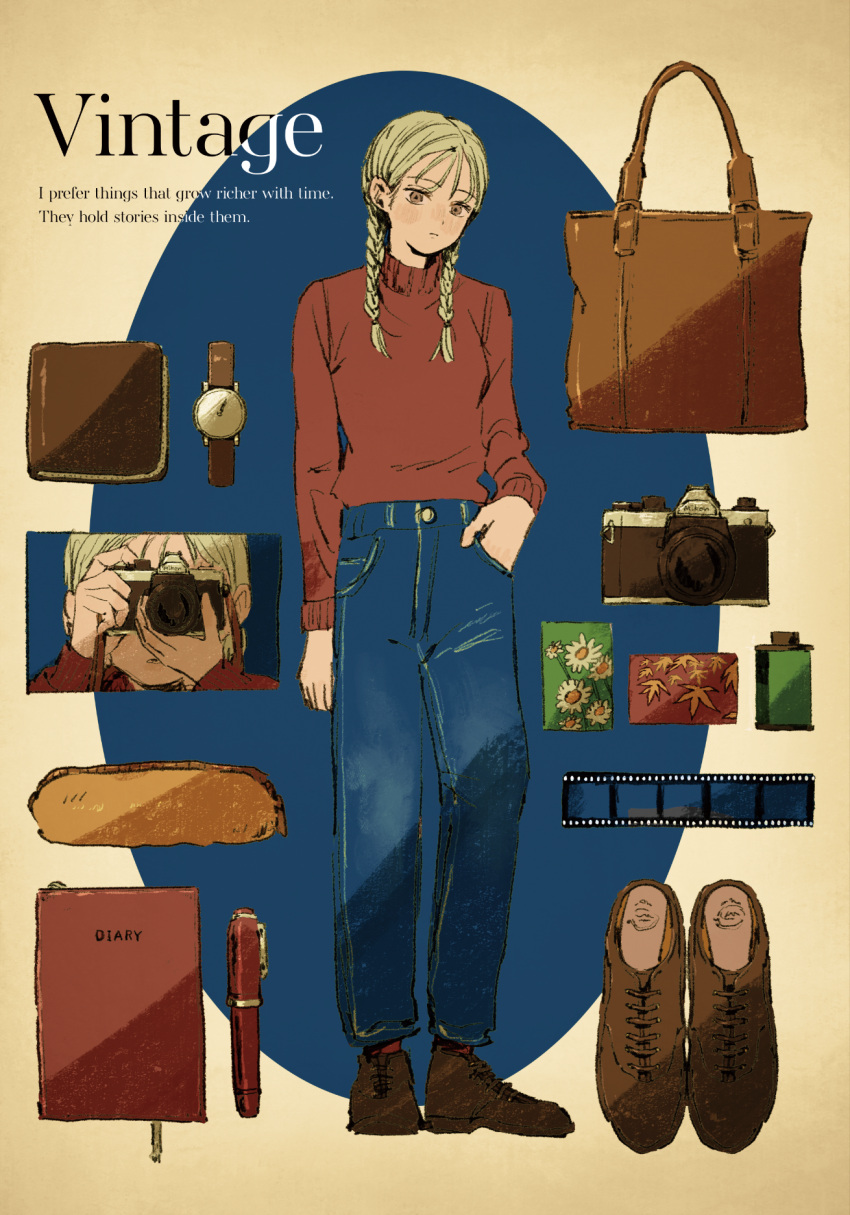 1girl, arm_at_side, bag, blonde_hair, blue_background, blue_pants, book, braid