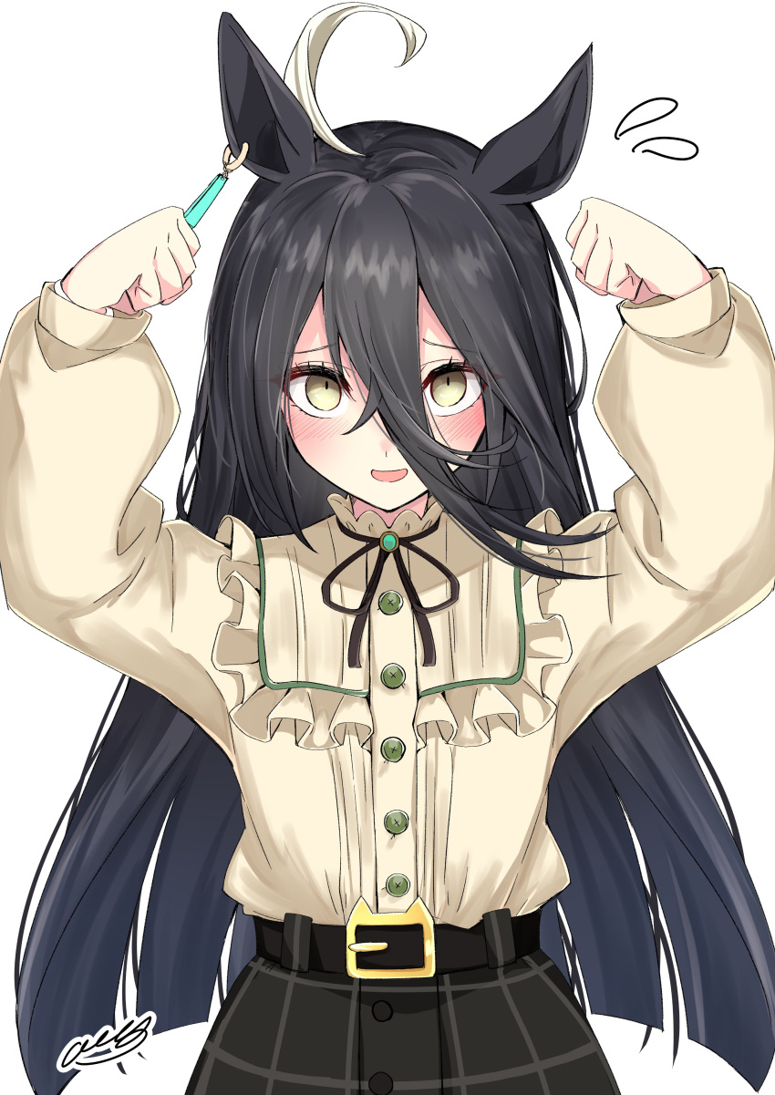 1girl, absurdres, amaxa, animal_ears, black_hair, ear_tag, hair_between_eyes, highres