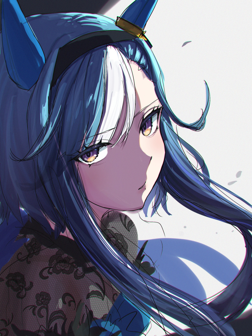 1girl, absurdres, admire_groove_(umamusume), animal_ears, black_hairband, blue_hair, ear_covers, hairband, highres, horse_ears, horse_girl, jime_asyl, mole, mole_under_mouth, multicolored_hair, simple_background, solo, streaked_hair, umamusume, upper_body, white_background, yellow_eyes