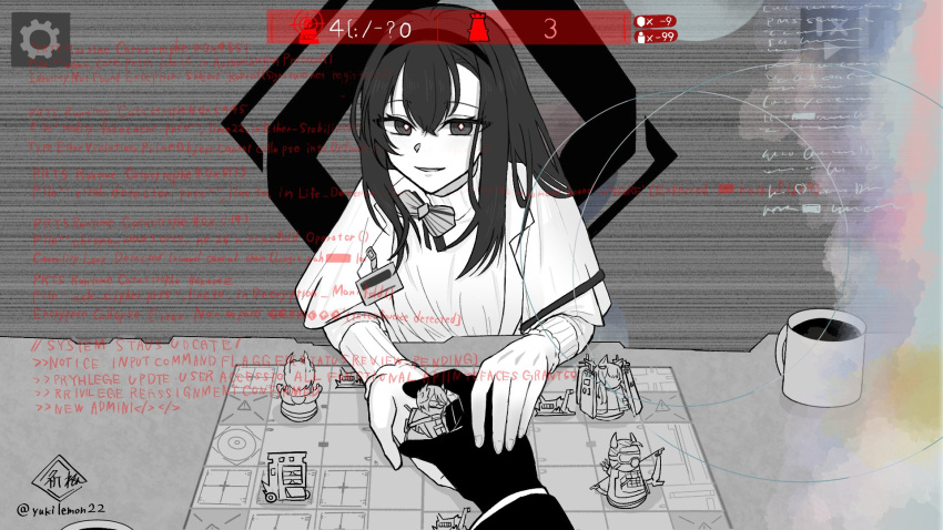 1girl, 1other, arknights, artist_name, board_game, bow, capelet, cup, diamond-shaped_pupils, diamond_(shape), english_text, gameplay_mechanics, hairband, highres, long_hair, long_sleeves, looking_at_viewer, pov, priestess_(arknights), raidian_(arknights), rosmontis_(arknights), shirt, symbol-shaped_pupils, twitter_username, yukilemon22