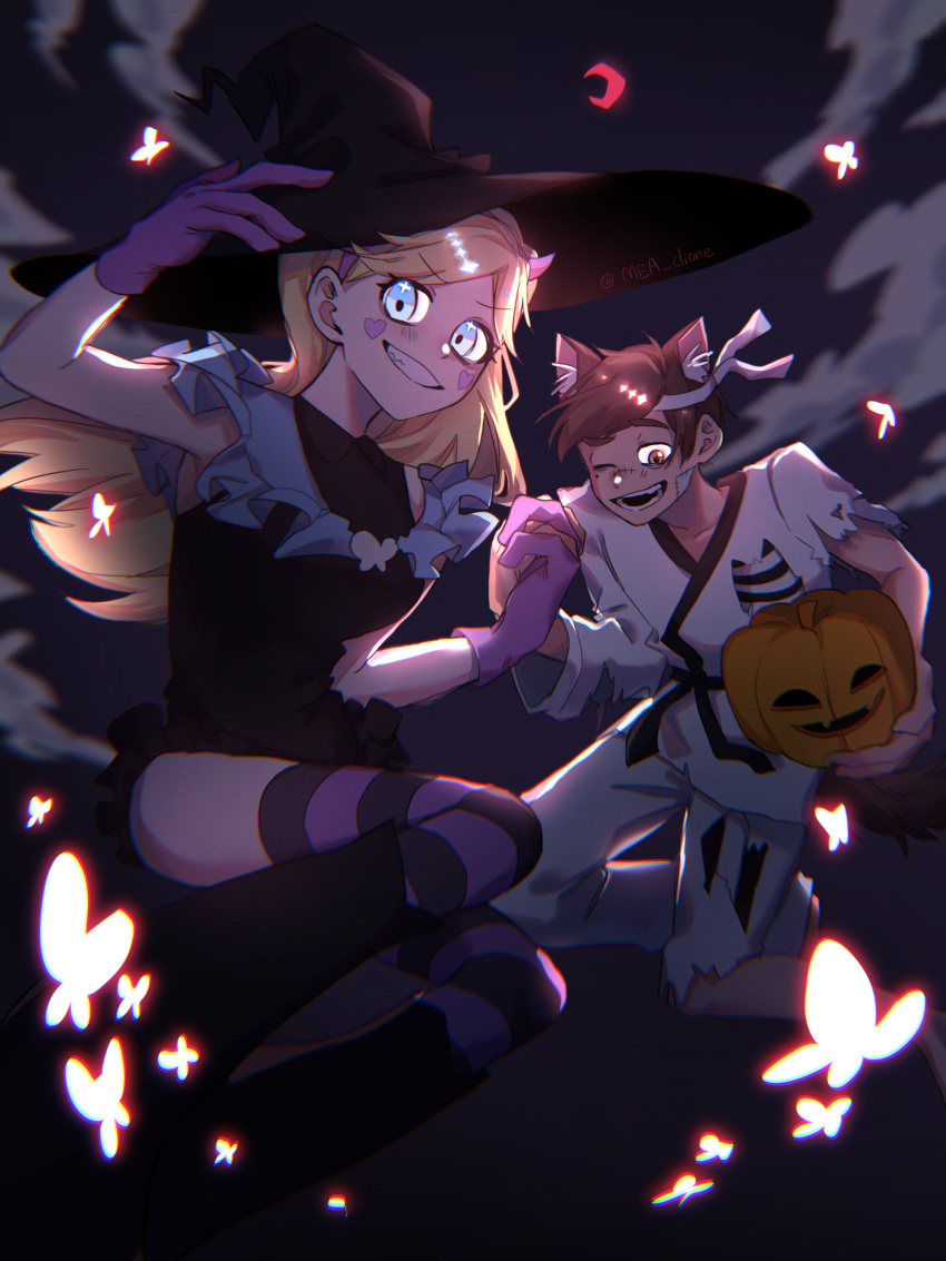 1boy, 1girl, absurdres, blonde_hair, blue_eyes, brown_eyes, brown_hair, bug