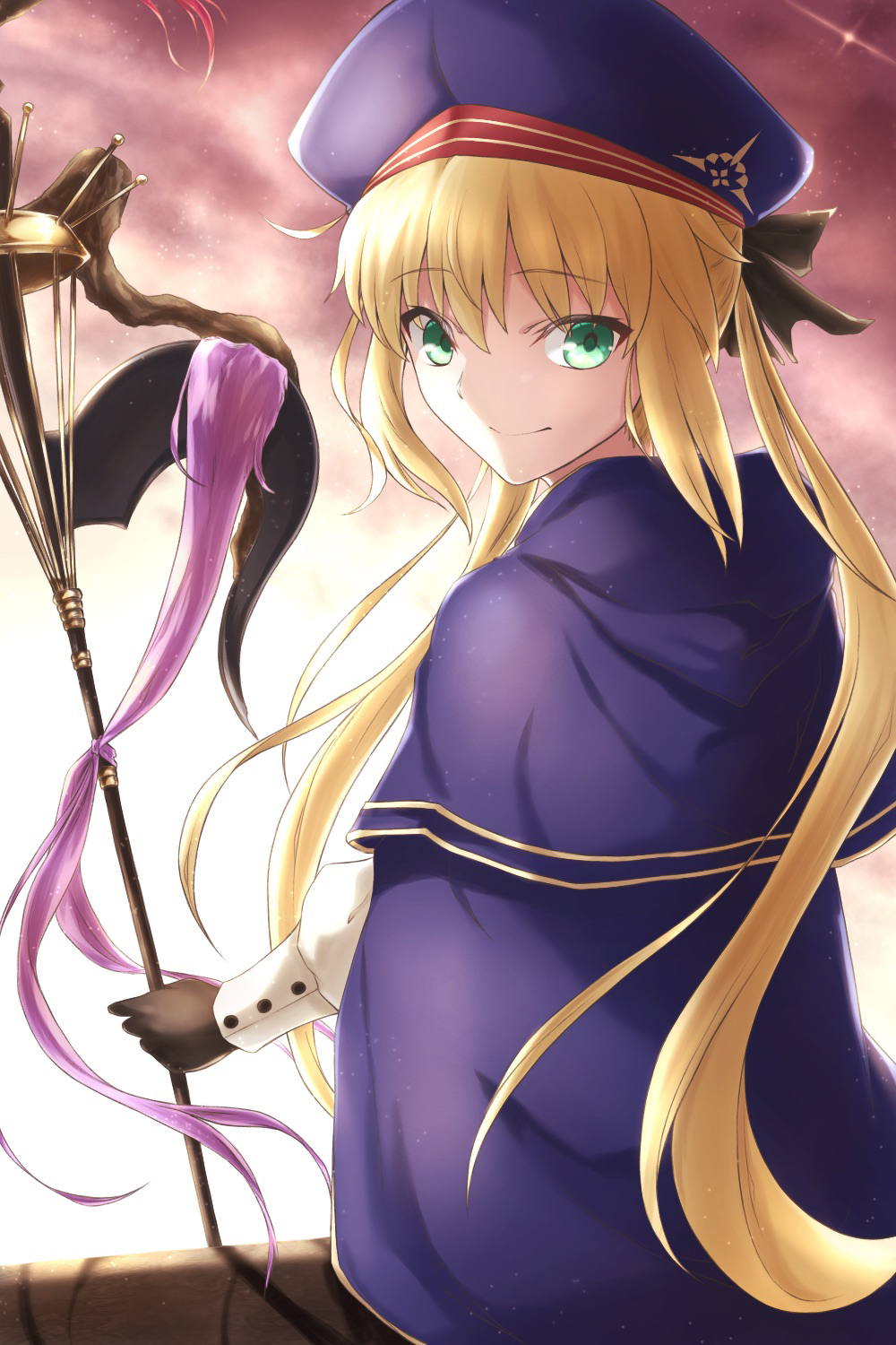 1girl, artoria_caster_(fate), artoria_caster_(second_ascension)_(fate), artoria_pendragon_(fate), black_bow, black_gloves, black_hat, blonde_hair, blue_cape, blue_capelet, bow, cape, capelet, closed_mouth, commentary_request, fate/grand_order, fate_(series), from_behind, gloves, gold_trim, green_eyes, hair_bow, hat, highres, holding, holding_staff, long_hair, long_sleeves, looking_at_viewer, momonjya, smile, solo, staff, twintails, very_long_hair