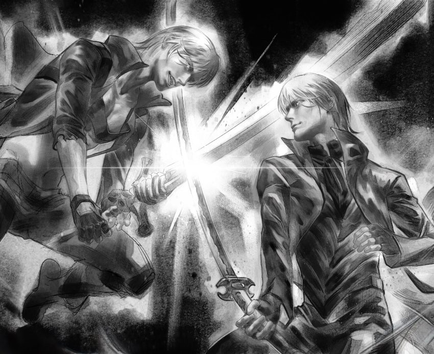 black_gloves, black_pants, closed_mouth, coat, dante_(devil_may_cry), devil_may_cry_(series), devil_may_cry_3, fingerless_gloves