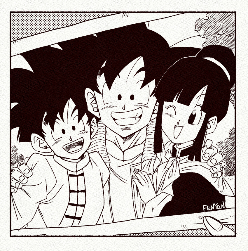 1girl, 2boys, chi-chi_(dragon_ball), dragon_ball, dragon_ball_z, family, fenyon, grey_background