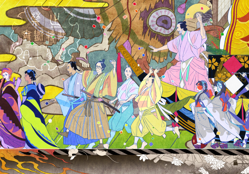 4girls, 6+boys, absurdres, aqua_pants, arm_hair, back_bow, bangs_pinned_back, barefoot, black_hair, blue_hakama, blue_kimono, blue_socks, bow, brown_hair, brown_hakama, brown_kimono, brown_socks, chonmage, commentary_request, dark_skin, facepaint, facial_hair, from_side, gekijouban_mononoke, green_kimono, grey_kimono, hair_ornament, hair_stick, hair_tubes, hakama, hand_fan, highres, holding, holding_fan, japanese_clothes, kataginu, kimono, kiseru, kyahan, long_hair, mizorogi_futsukazuki, mizorogi_hokuto, mizorogi_mikazuki, mononoke, motoyui, mouse_(animal), multicolored_kimono, multiple_boys, multiple_girls, mural, naoi_masako, nihongami, obi, okobo, orange_hair, orange_kimono, otomo_botan, pants, paper_texture, parade, partially_colored, pink_hakama, platform_sandals, profile, purple_kimono, purple_sandals, saga_hiramoto, sakashita_(mononoke), sandals, sash, shaved_head, siblings, smoking_pipe, socks, split_theme, stubble, tasuki, tokita_fuki, tokita_saburoumaru, topknot, twins, undercut, unnamed_short_palace_guard_(mononoke), unnamed_tall_palace_guard_(mononoke), walking, watermark, yellow_kimono, yellow_pants