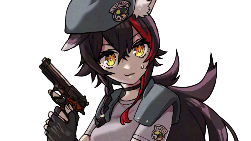 1girl, animal_ears, beret, beretta_92, black_hair, gun, handgun, hat