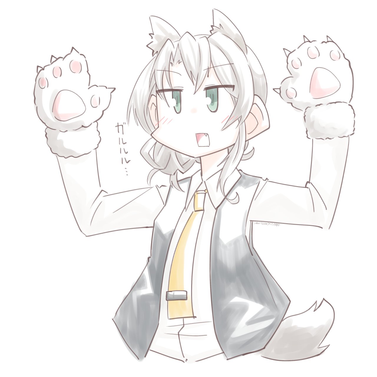 1girl, adapted_costume, alternate_sleeve_length, animal_ears, animal_hands, asymmetrical_hair, black_vest, collared_shirt, dress_shirt, flipped_hair, gloves, grey_eyes, grey_hair, halloween_costume, highres, honketsu, kantai_collection, long_sleeves, necktie, nowaki_(halloween)_(kancolle), nowaki_(kancolle), paw_gloves, shirt, simple_background, solo, tail, upper_body, vest, white_background, white_shirt, wolf_ears, wolf_paws, wolf_tail, yellow_necktie