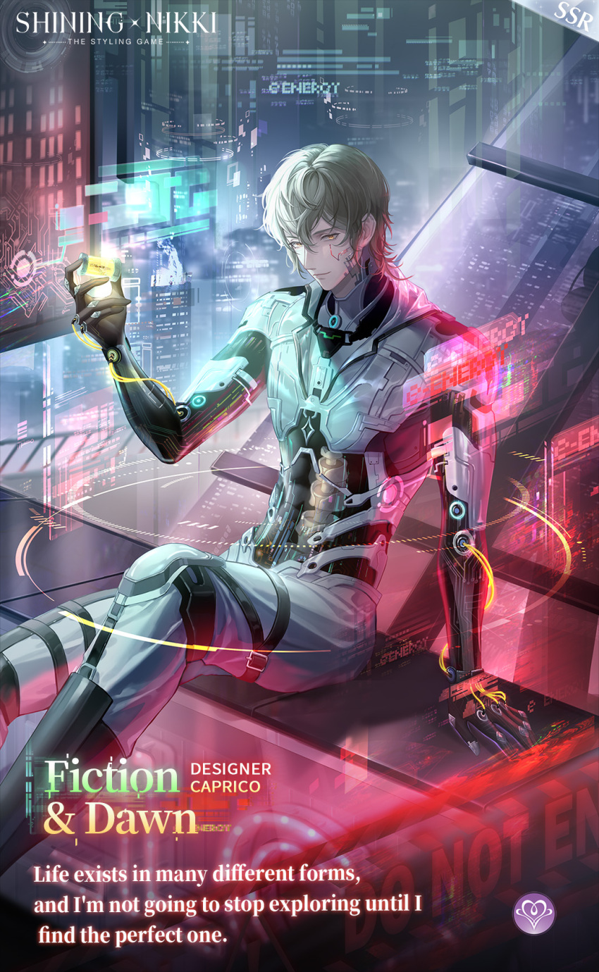 1boy, artist_request, belt, belt_buckle, bionic_&amp;_first_light_(shining_nikki), black_belt, black_boots, blonde_hair, boots, brown_eyes, buckle, caprico_(shining_nikki), character_name, city, closed_mouth, commentary, copyright_name, cyborg, dress_pants, english_commentary, english_text, expressionless, feet_out_of_frame, grey_hood, hair_between_eyes, highres, holding_cube, holographic_monitor, hood, hood_down, knee_pads, leg_belt, lips, logo, male_focus, mechanical_arms, multiple_belts, nikki_(series), official_art, on_rooftop, pants, pointy_nose, science_fiction, second-party_source, shadow, shining_nikki, shirt, short_hair, sitting, solo, thigh_belt, thigh_strap, white_pants, white_shirt