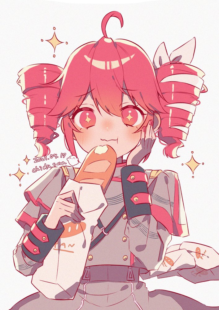+_+, 1girl, :t, ahoge, baguette, blush, bread, chiru_da, closed_mouth, commentary, dated, drill_hair, eating, food, grey_jacket, grey_skirt, hair_between_eyes, hair_ribbon, hand_on_own_cheek, hand_on_own_face, holding, holding_food, jacket, kasane_teto, kasane_teto_(sv), long_sleeves, looking_at_viewer, red_eyes, red_hair, ribbon, short_hair, simple_background, skirt, solo, sparkle, synthesizer_v, twin_drills, twintails, upper_body, utau, white_background, white_ribbon