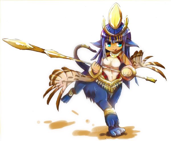 1girl, :3, blue_eyes, blue_hair, breasts, brown_wings, dark_skin, dress, emil_chronicle_online, gold_choker, hair_ornament, holding, holding_staff, karukuro, long_hair, medium_breasts, sleeveless, sleeveless_dress, solo, sphinx, sphinx_(eco), staff, tail, white_background, white_dress, wings