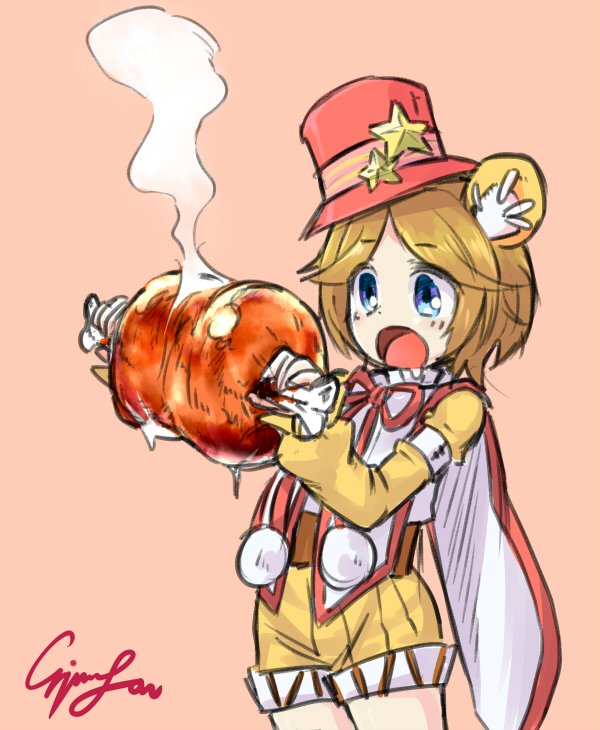 1girl, animal_ears, artist_name, bear_ears, bear_girl, blue_eyes, boned_meat, brown_hair, drooling, emil_chronicle_online, food, hat, holding, holding_food, meat, open_mouth, orange_background, red_hat, shirt, shorts, signature, solo, tiny_zero_alma, yellow_shirt, yellow_shorts, zabrou