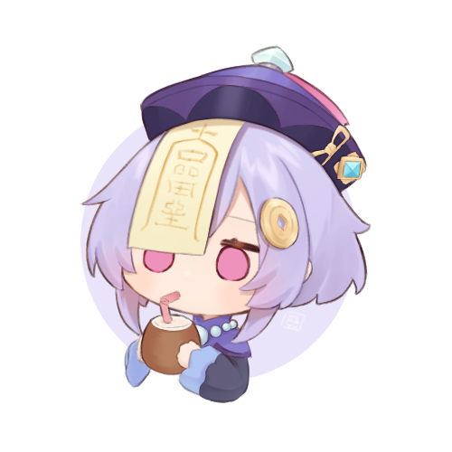 1girl, 7mb_yut, bead_necklace, beads, chibi, chibi_only, coconut, coin_hair_ornament, commentary_request, drinking, food, fruit, genshin_impact, hair_ornament, hat, holding, holding_food, holding_fruit, jewelry, long_sleeves, lowres, necklace, no_nose, ofuda, ofuda_on_head, parted_bangs, pink_eyes, qingdai_guanmao, qiqi_(genshin_impact), simple_background, solid_circle_eyes, solo, upper_body, white_background, wide_sleeves, yen