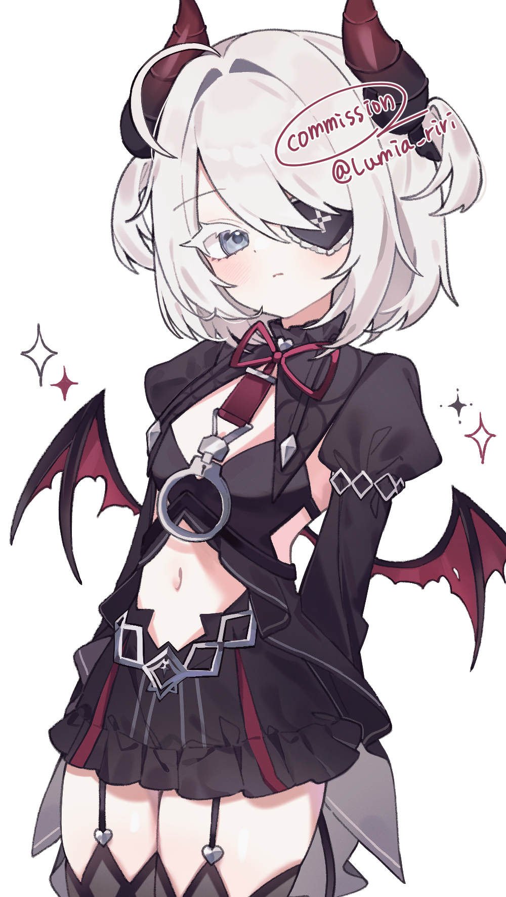 1girl, black_dress, black_survival, black_thighhighs, blue_eyes, breasts, closed_mouth, clothing_cutout, colored_eyelashes, commission, cowboy_shot, cowlick, demon_horns, demon_tail, demon_wings, dress, eternal_return:_black_survival, eyepatch, garter_straps, hair_intakes, hair_over_one_eye, highres, horns, juliet_sleeves, light_frown, long_sleeves, looking_at_viewer, lumia_riri, medium_hair, mini_wings, navel, navel_cutout, official_alternate_costume, one_eye_covered, puffy_sleeves, short_dress, short_twintails, simple_background, single_handcuff, sissela_kyle, small_breasts, solo, sparkle, tail, thigh-highs, twintails, twitter_username, watermark, white_background, white_hair, wings
