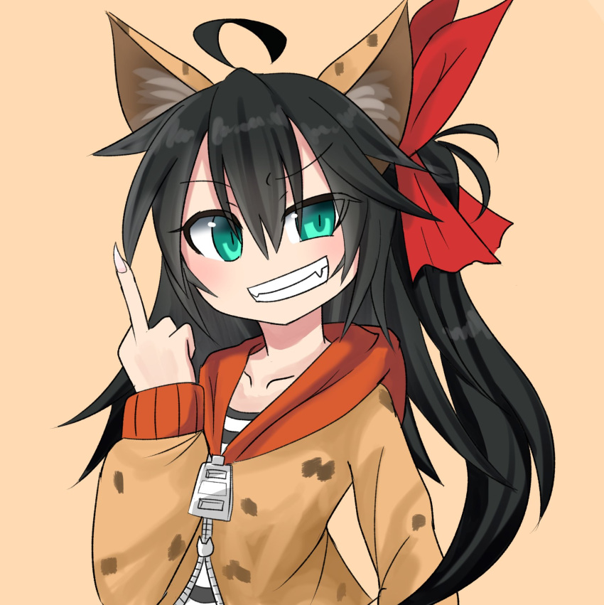 1girl, ahoge, amemiya_issa, animal_ears, balulu_alma, black_hair, bow, clenched_teeth