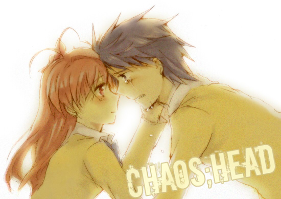 1boy, 1girl, blue_hair, blush, bow, bowtie, chaos;head, copyright_name