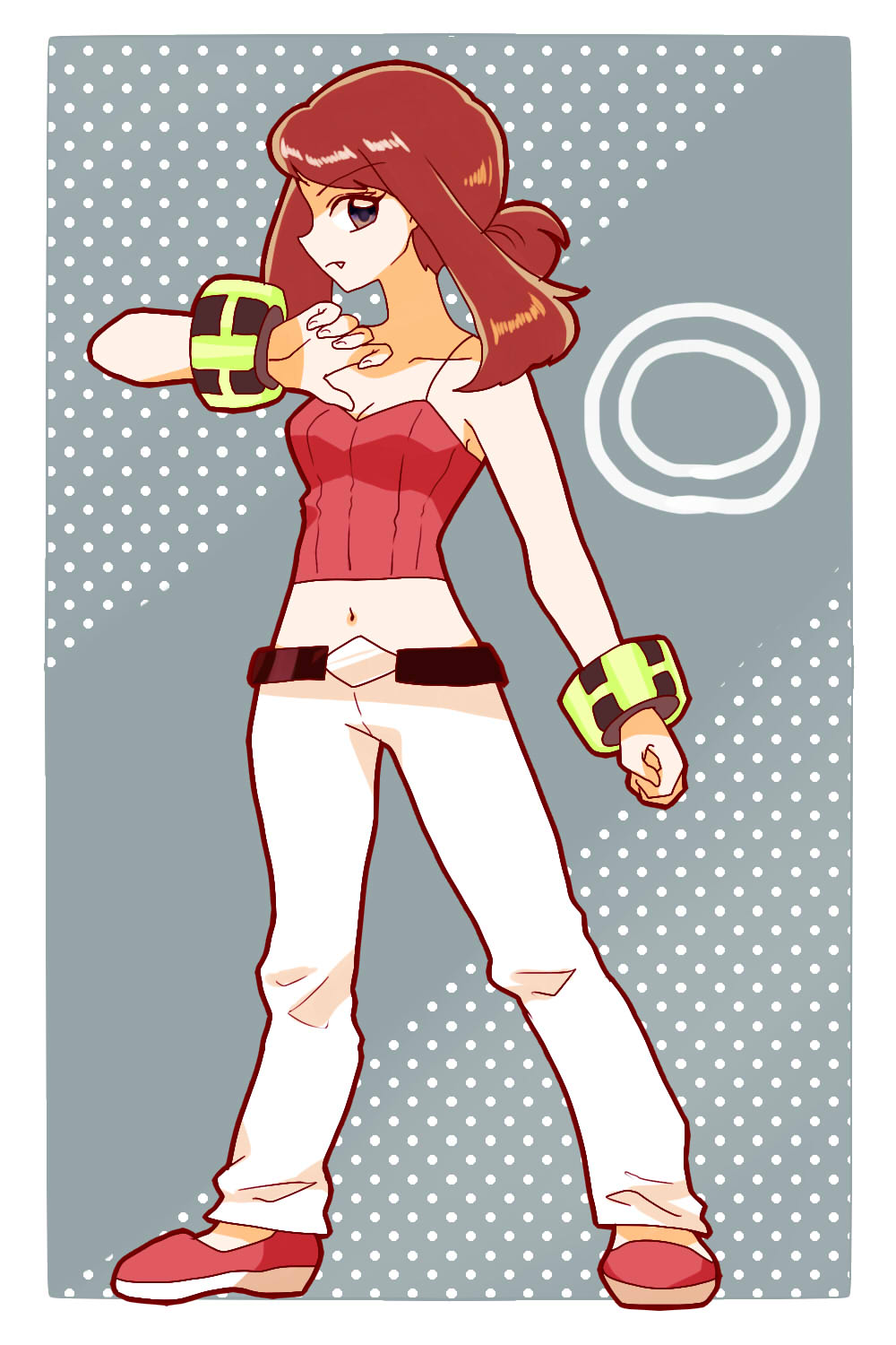 1girl, badge, badge_(pokemon), belt, black_eyes, bracelet, breasts, brown_hair