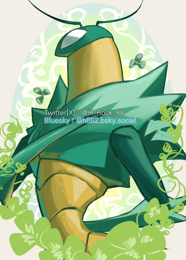 1boy, 88_(h_rock_88), antennae, arthropod_boy, artist_name, bluesky_username, clover, commentary_request