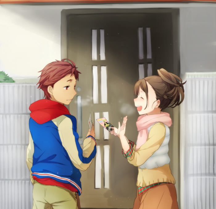 1boy, 1girl, :d, ^_^, blush, brown_hair, casual, closed_eyes