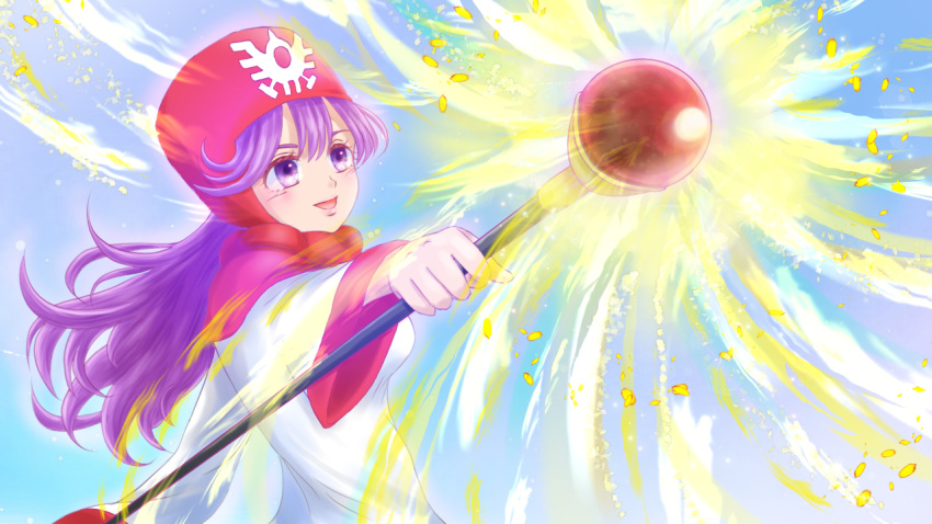 1girl, :d, blue_background, commentary_request, dragon_quest, dragon_quest_ii, gem, holding, holding_staff, jagacchi33, long_hair, mage_staff, magic, open_mouth, pink_hood, princess, princess_of_moonbrook, purple_hair, red_gemstone, robe, roto's_emblem, smile, solo, staff, upper_body, violet_eyes, white_robe