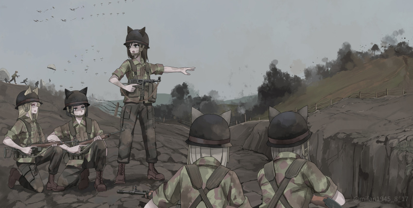 6+girls, aircraft, airplane, battle_of_dien_bien_phu, black_hair, blonde_hair, boots, brown_boots