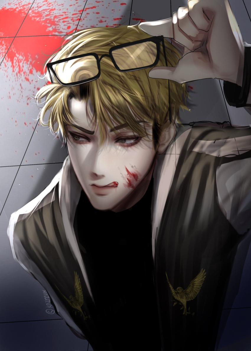 1boy, blonde_hair, blood, blood_on_face, blood_on_mouth, blood_splatter, blood_stain, glasses