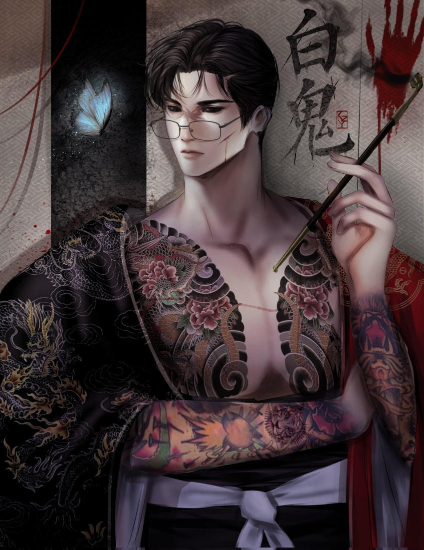 1boy, arm_tattoo, black_hair, black_sclera, chest_tattoo, colored_sclera, glasses, highres