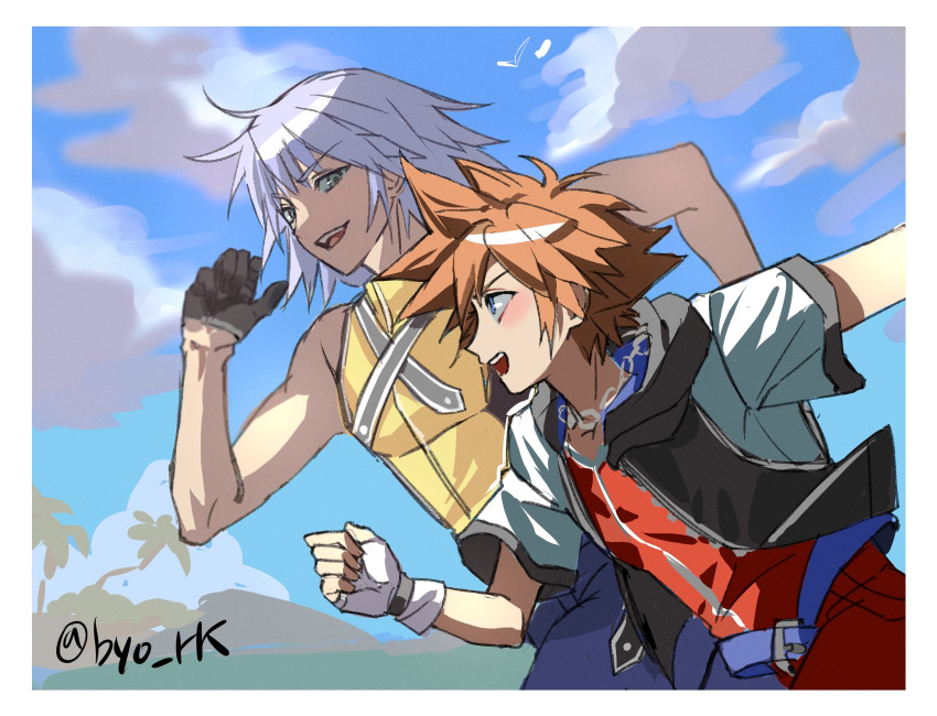 2boys, bare_shoulders, belt, black_gloves, blue_belt, blue_eyes, blue_pants, blush