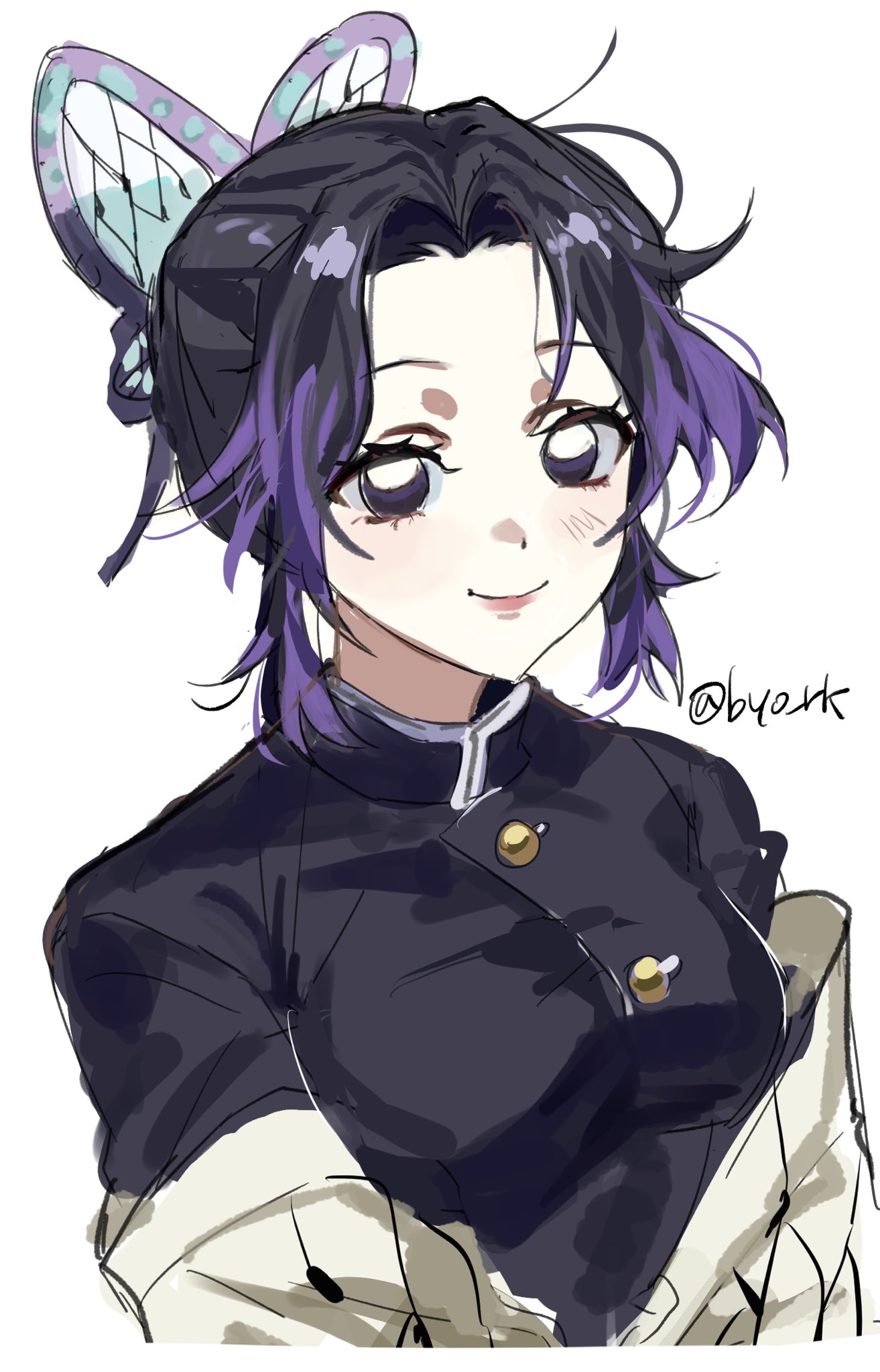 1girl, animal_print, black_hair, black_jacket, breasts, butterfly_hair_ornament, butterfly_print, byo_rk, closed_mouth, demon_slayer_uniform, gold_buttons, hair_ornament, haori, highres, jacket, japanese_clothes, kimetsu_no_yaiba, kochou_shinobu, light_blush, medium_breasts, multicolored_hair, parted_bangs, portrait, print_haori, purple_hair, sidelocks, sketch, smile, solo, twitter_username, two-tone_hair, upper_body, white_background