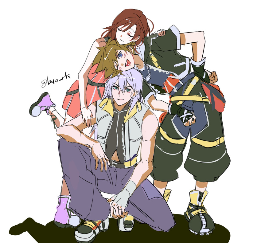 1girl, 2boys, arm_around_shoulder, bare_shoulders, black_boots, black_gloves, black_jacket, black_overalls