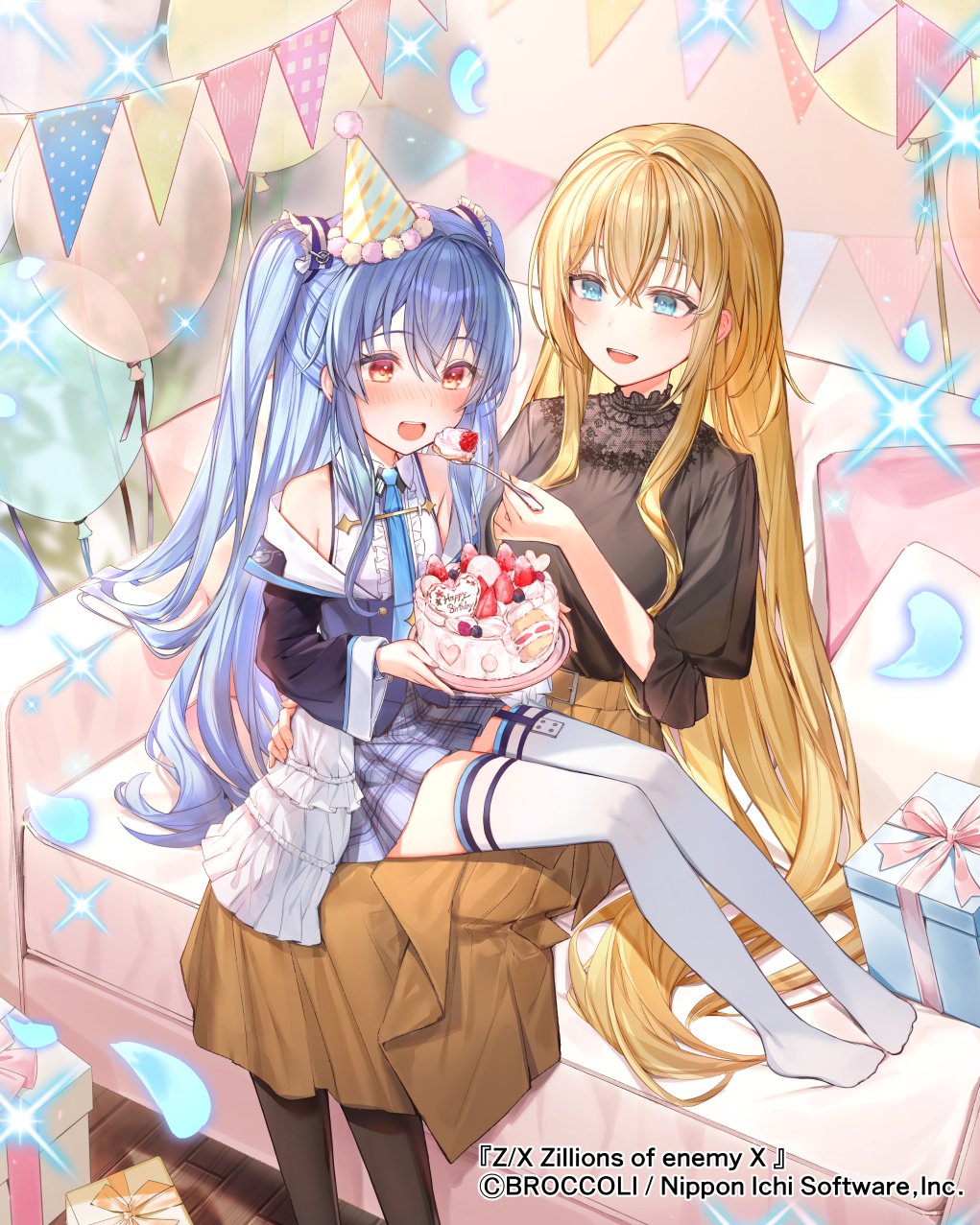 2girls, aqua_eyes, aqua_necktie, balloon, bare_shoulders, black_shirt, black_thighhighs, blonde_hair