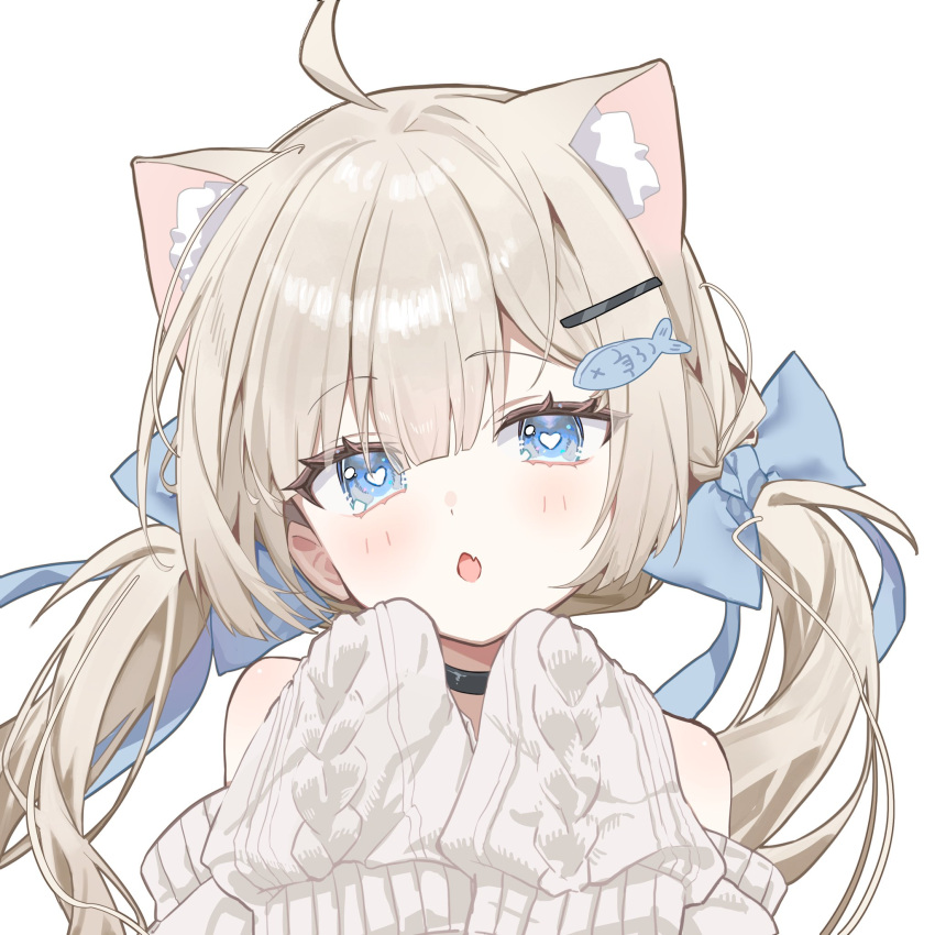 1girl, :o, ahoge, animal_ear_fluff, animal_ears, bare_shoulders, black_choker, blonde_hair, blue_bow, blue_eyes, blush, bow, cat_ears, choker, fang, fish_hair_ornament, hair_bow, hair_ornament, hairclip, heart, heart-shaped_pupils, highres, long_hair, long_sleeves, looking_at_viewer, luna_(luna610), luna_(luna610)_(character), off-shoulder_sweater, off_shoulder, open_mouth, original, simple_background, skin_fang, sleeves_past_fingers, sleeves_past_wrists, solo, sweater, symbol-shaped_pupils, twintails, upper_body, white_background, white_sweater
