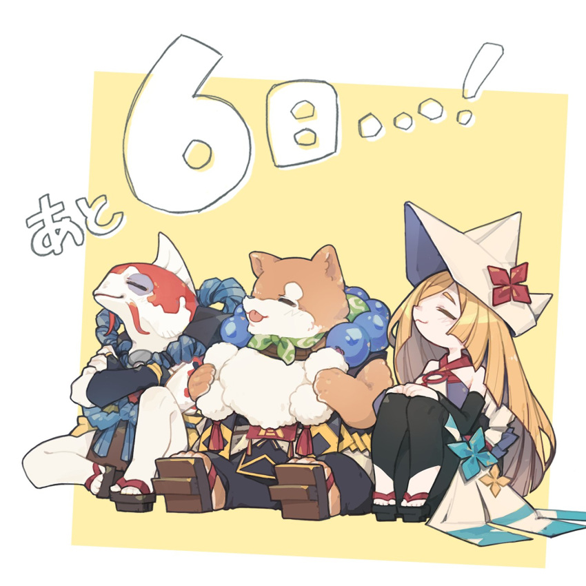 1girl, 2boys, animal_hands, bampuku_(towa_and_the_guardians_of_the_sacred_tree), bandai_namco, bare_legs, bare_shoulders, bead_necklace