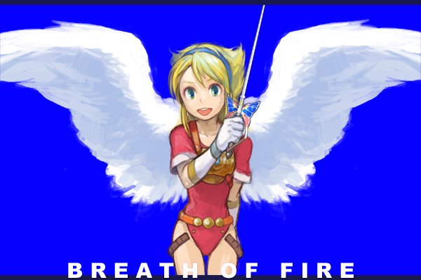 armor, blonde_hair, blue_eyes, breath_of_fire, breath_of_fire_i, gloves, leotard, nina_(breath_of_fire_i), rapier, sword, toisu, weapon, white_wings, wings