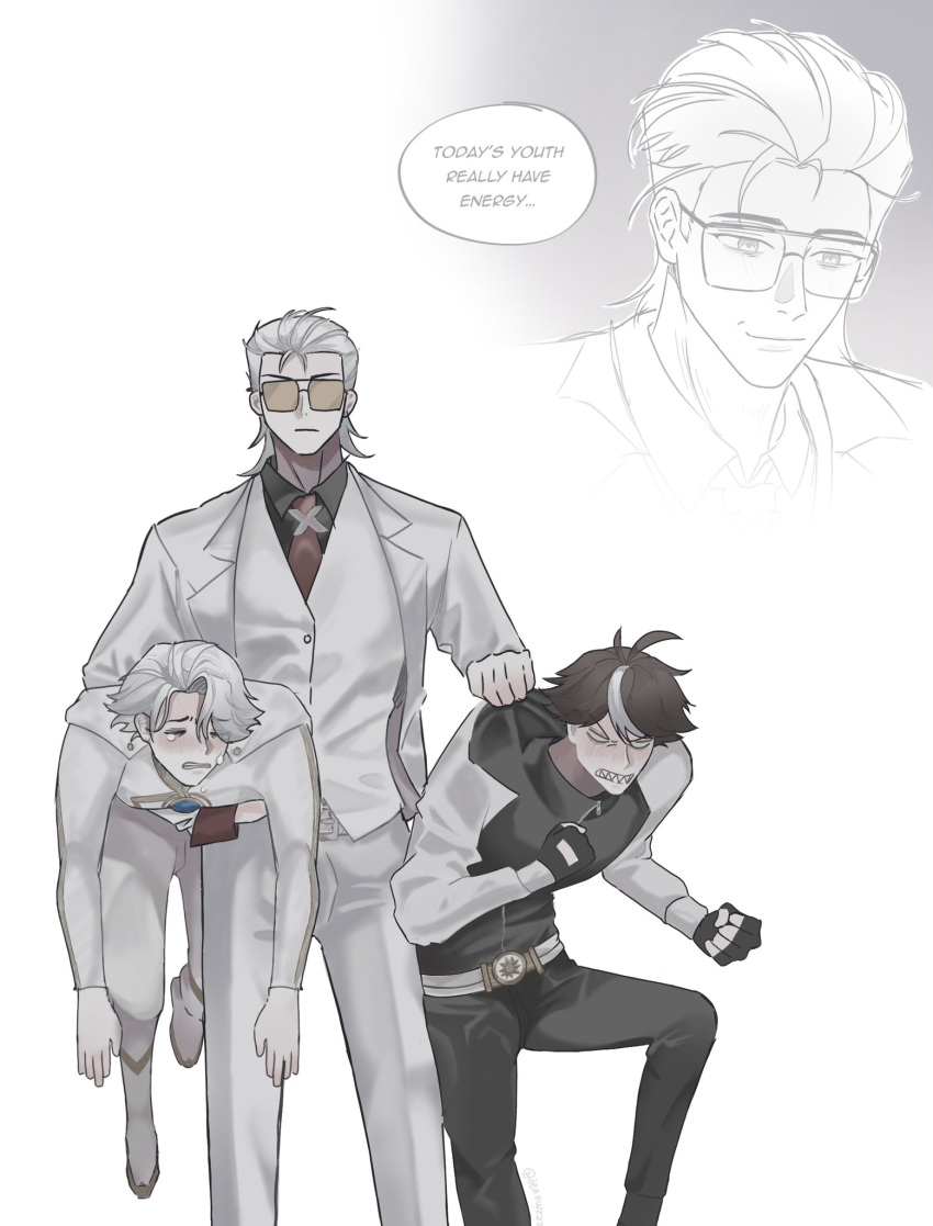 3boys, angry, black_gloves, black_shirt, bodysuit, clenched_hand, clenched_teeth, clothes_grab, coat, collared_shirt, d;, dangling, deanwzzz, english_text, facing_viewer, feet_out_of_frame, fingerless_gloves, gloves, hair_over_one_eye, hair_slicked_back, highres, lifting_person, lin_ling_(to_be_hero_x), male_focus, mullet, multiple_boys, multiple_views, narrowed_eyes, necktie, nice_(to_be_hero_x), one_eye_closed, red_necktie, serious, shirt, shirt_grab, short_hair, single_hair_streak, teeth, tinted_eyewear, to_be_hero, to_be_hero_x, two-tone_bodysuit, vest, white_bodysuit, white_coat, white_hair, white_vest, x_(symbol), x_(to_be_hero_x), yellow-tinted_eyewear