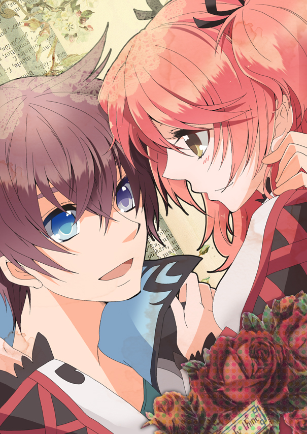 1girl, ahoge, asbel_lhant, blue_eyes, brown_hair, cheria_barnes, couple, flower, heterochromia, long_hair, orange_rose, pink_hair, purple_eyes, red_rose, rose, sasaki_yuki, side_ponytail, smile, tales_of_(series), tales_of_graces, violet_eyes, yellow_eyes